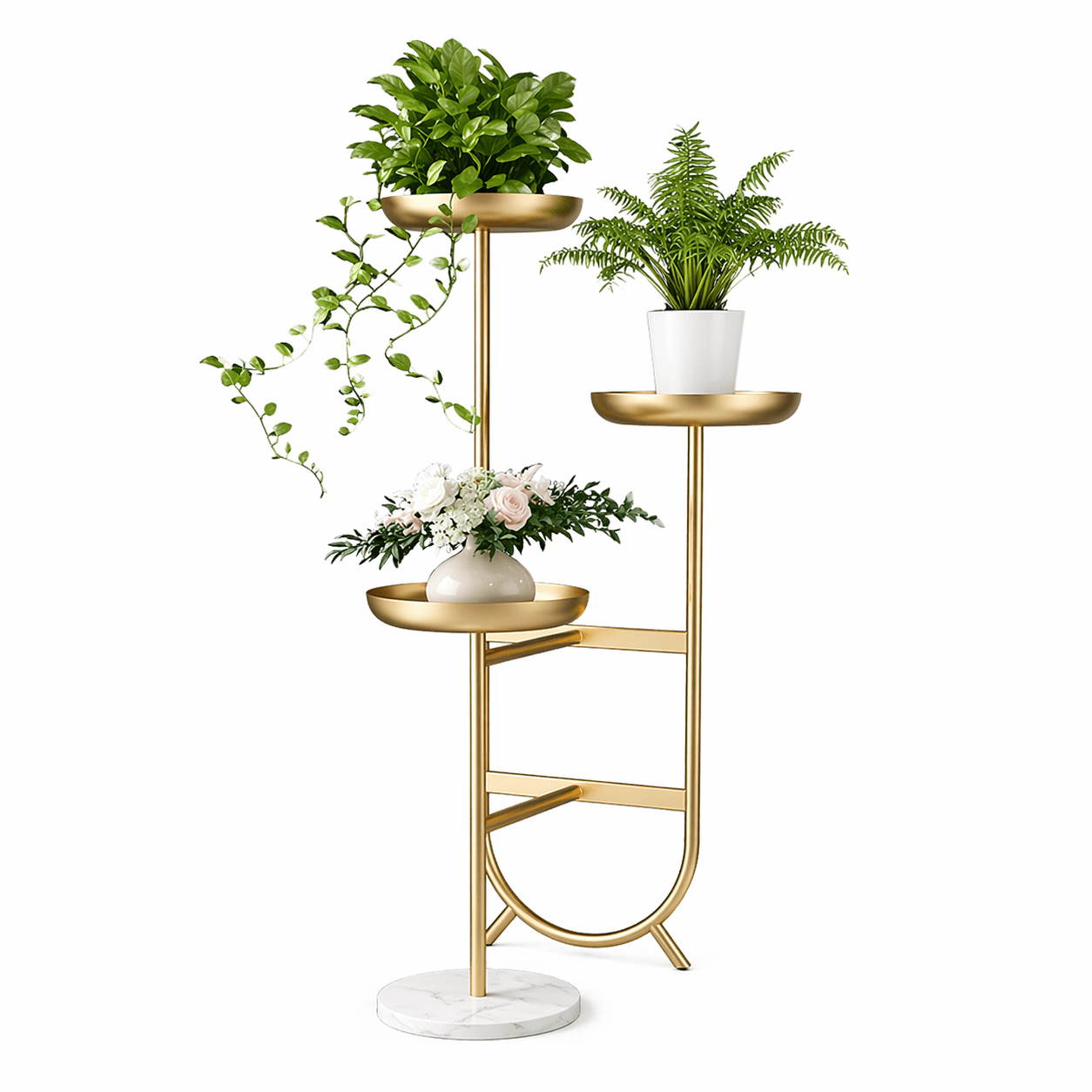 3 - Tier Tall Metal Plant Stand Chic Unique Shaped Planter in Gold with 3.P Artificial Plant Pots - Dhanaks Decor Plant Stand Dhanaks Decor 3 - Tier Tall Metal Plant Stand Chic Unique Shaped Planter in Gold with 3.P Artificial Plant Pots