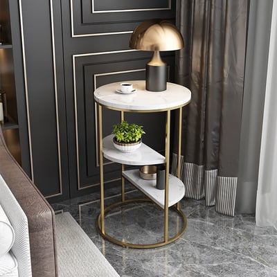 3 - Tiered White & Gold End Table with Uv Sheet Top & Metal Frame Side Table | MST - 0451 - Dhanaks Decor Table Dhanaks Decor 3 - Tiered White & Gold End Table with Uv Sheet Top & Metal Frame Side Table | MST - 0451