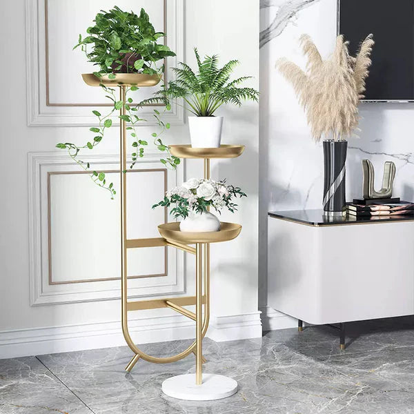 3-Tier Tall Metal Plant Stand Chic Unique Shaped Planter in Gold with 3.P Artificial Plant Pots | MSPS-0103