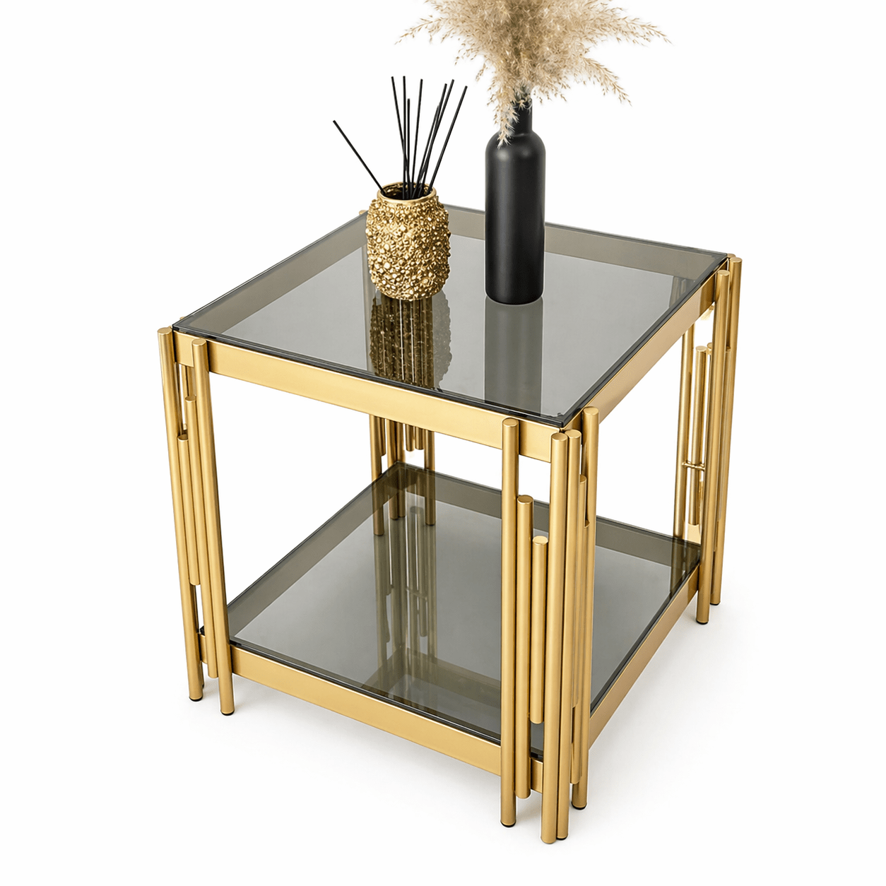 Gold Side 2 - Tier Table With Glass Top - Dhanaks Decor Table Dhanaks Decor Gold Side 2 - Tier Table With Glass Top