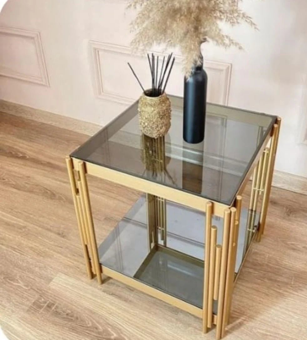 Gold Side 2 - Tier Table With Glass Top | MST - 0140 - Dhanaks Decor Table Dhanaks Decor Gold Side 2 - Tier Table With Glass Top | MST - 0140