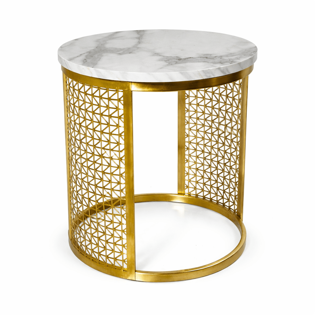 Luxury Gold Mesh Side Table with White MDF Top – Modern Round Accent Table for Living Room, Bedroom & Contemporary Home Décor - Dhanaks Decor Table Dhanaks Decor Luxury Gold Mesh Side Table with White MDF Top – Modern Round Accent Table for Living Room, Bedroom & Contemporary Home Décor