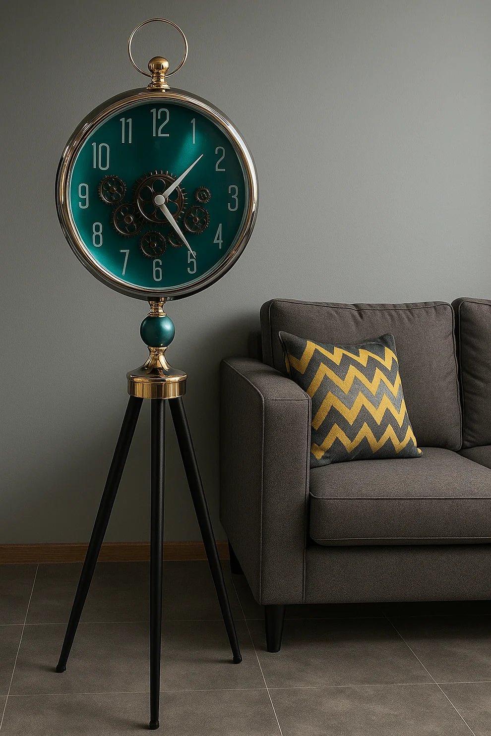 Modern Tripod Floor Clock with Exposed Gear Design | Vintage Industrial Standing Clock | Luxury Home Decor | Dhanaks Store - Dhanaks Decor Clock Dhanaks Decor Modern Tripod Floor Clock with Exposed Gear Design | Vintage Industrial Standing Clock | Luxury Home Decor | Dhanaks Store