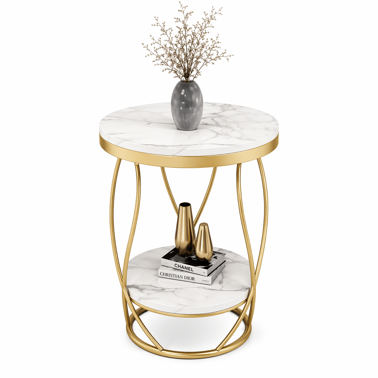 White Round Side Table with Storage shelve - Dhanaks Decor Table Dhanaks Decor White Round Side Table with Storage shelve